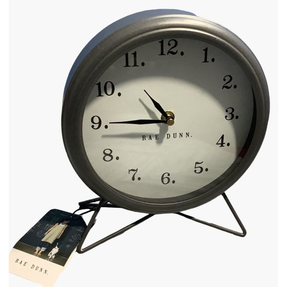 Rae Dunn Round Table Shelf Clock Gray Metal Design Styles Home Decor 8" x 8.75" - Picture 3 of 7